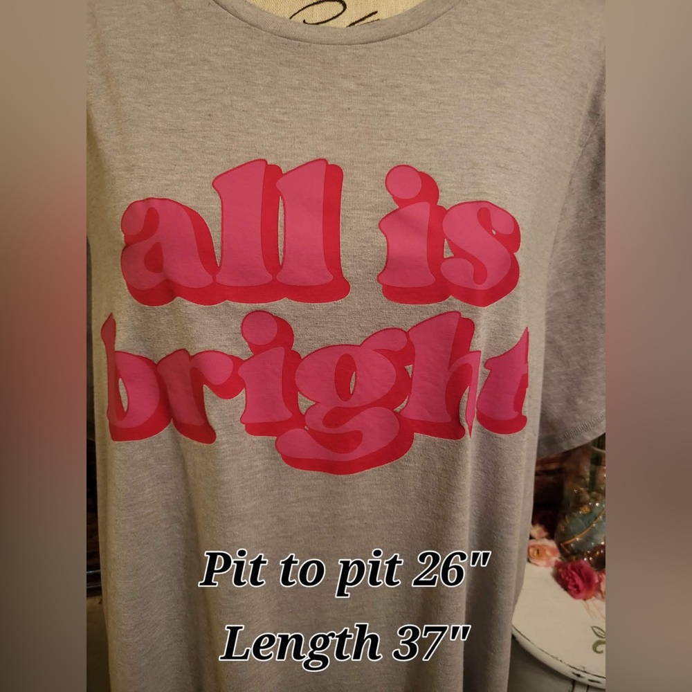 Gray T-Shirt with Pink 'All is Bright' Print - Picture 2 of 3